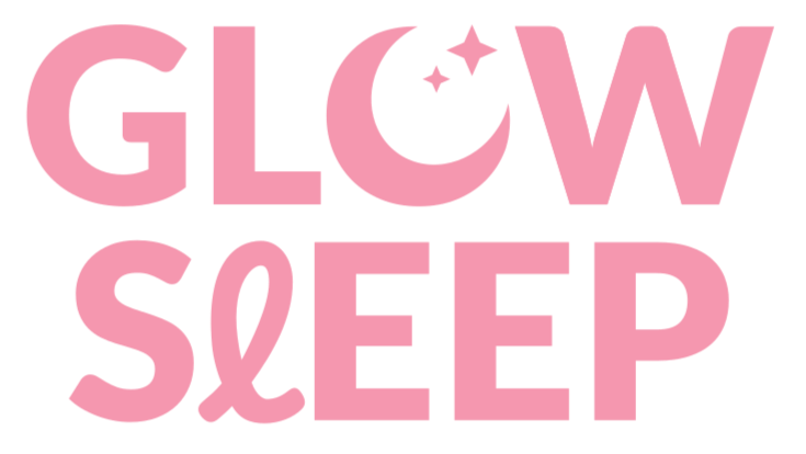 Pink 'GLOW SLEEP' text on a white background